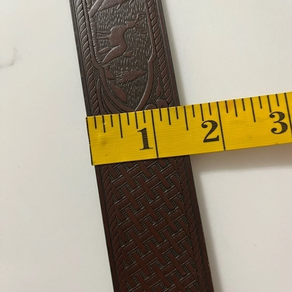 Genuine Leather Tooled Dark Brown Western Belt Deer in Forest Silver Tone Buckle